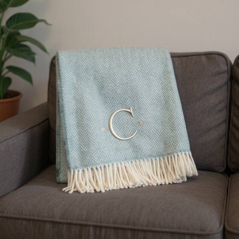 55" X 70" Sky Blue And White Herringbone Cotton Blend S Initial Throw Blanket with Tassels And Embroidery