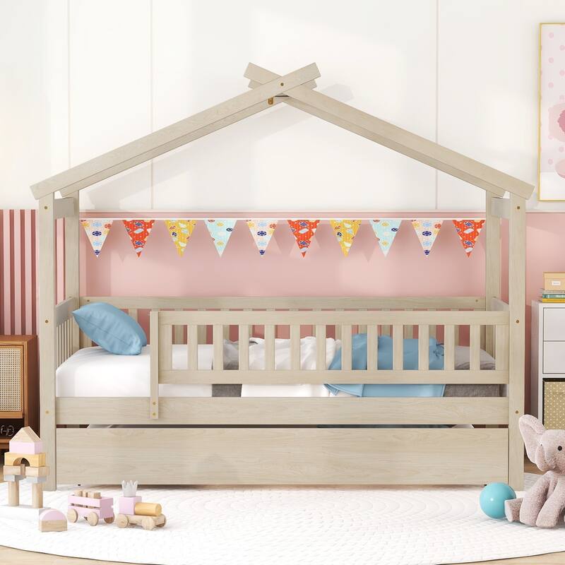 Twin Pine House Bed with Trundle, Guardrail & Roof