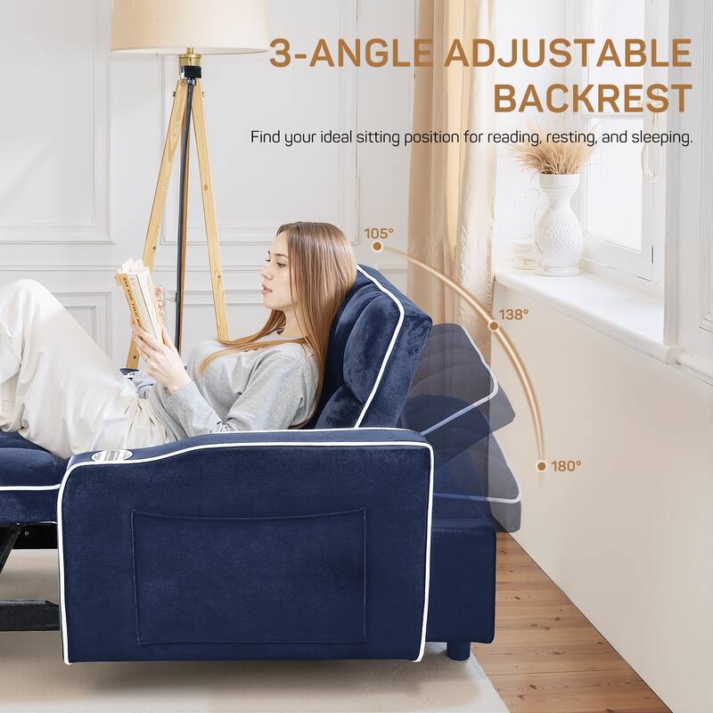 37 in. W 3-in-1 Convertible Chair Bed Suede Pull Out Twin Size Sofa Bed with USB Ports, Cup & Phone Holder