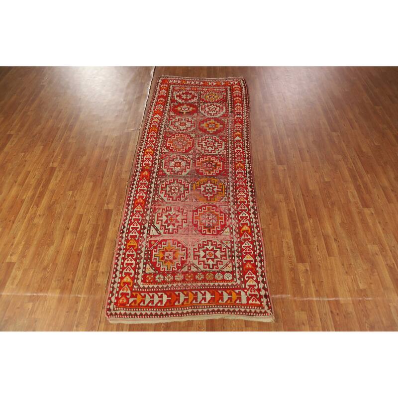 Hand Knotted Oriental 100% Wool Carpet Transitional Geometric Red Anatolian Runner Rug - 9' 9'' X 3' 8''