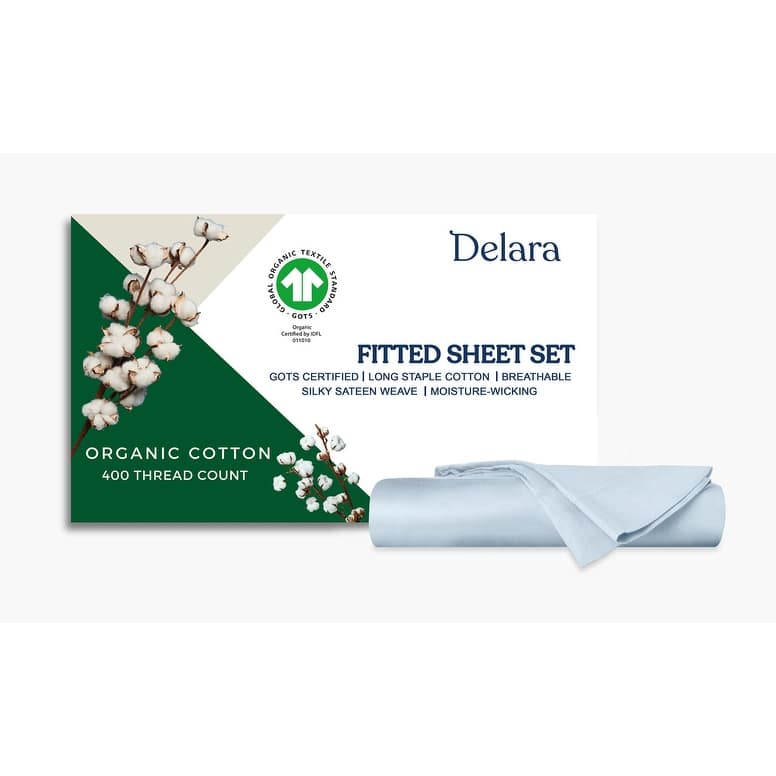 Delara GOTS Certified 100% Organic Cotton Fitted Sheet Set, 400TC Long Staple Cotton, Moisture-Wicking, Smooth & Breathable