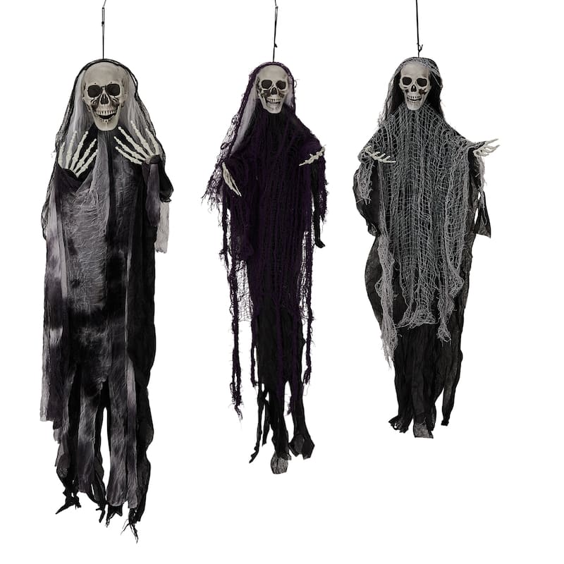 3-Pack Hanging Grim Reaper Decorations with Scary Skull Heads and Tattered Robes for Halloween