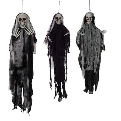 3-Pack Hanging Grim Reaper Decorations with Scary Skull Heads and Tattered Robes for Halloween
