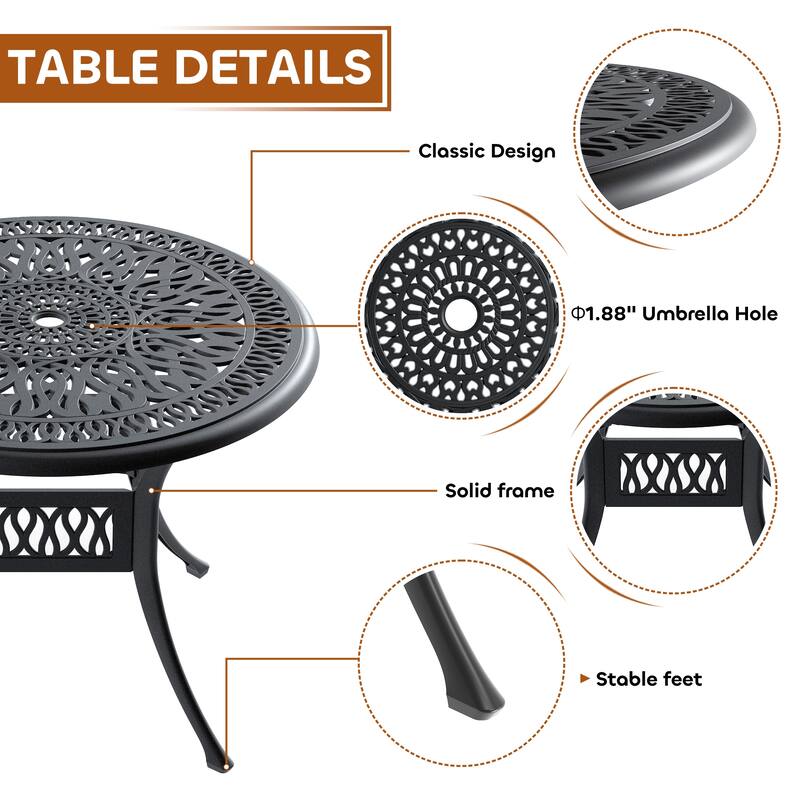3/5-Piece Cast Aluminum Outdoor Dining Set with 35.43 in. Round Table and Random Color Seat Cushions