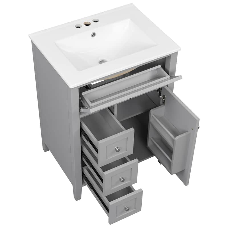 24" Bathroom Vanity with Sink, MDF & Rubberwood Construction, 3 Drawers & Cabinet with Adjustable Shelves