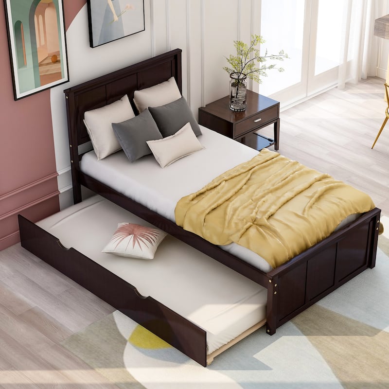 Wooden Twin Platform Bed with Pull Out Trundle Bed, Solid Pine Twin Size Bed Frame with Headboard, No Box Spring Needed - White - Twin