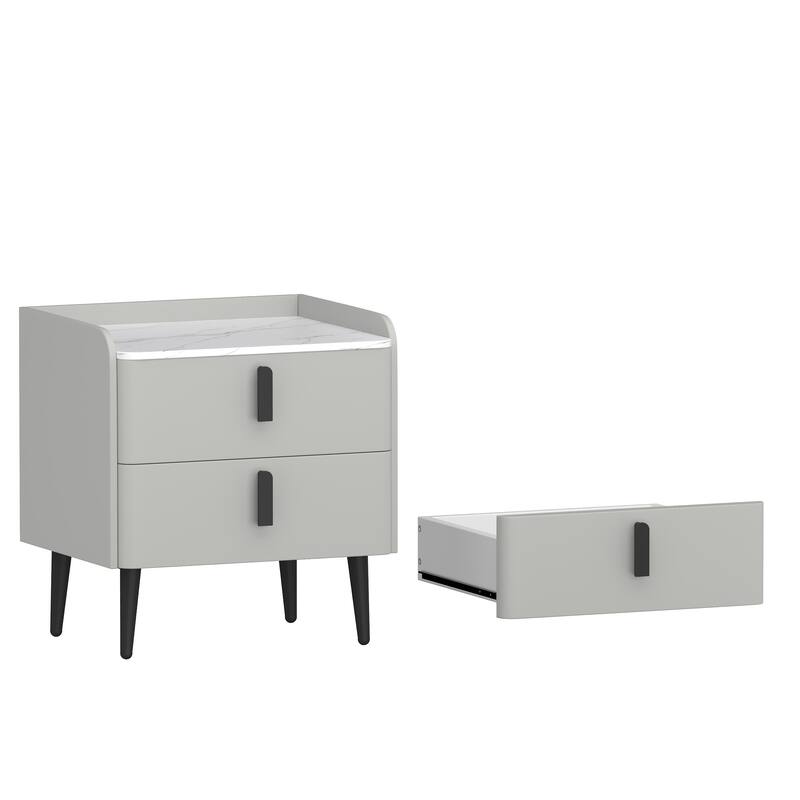 Modern 2-Drawer Nightstand with Marble-Pattern Top - Bedside/End Table for Bedroom/Living Room (Gray)