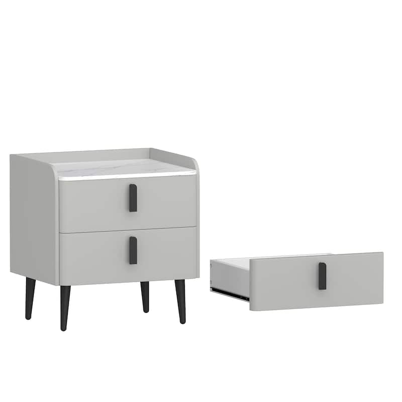 Roomfitters Modern Nightstand with 2 Drawers and Marble-Pattern Top, Bedside or End Table for Bedroom and Living Room