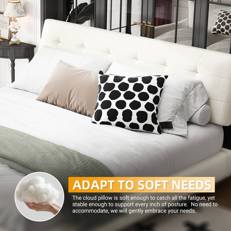 Queen Size Bed Frame,Tufted Headboard with Extra-Large Ultra-Soft Cloud Pillow Design,Chenille Platform Bed