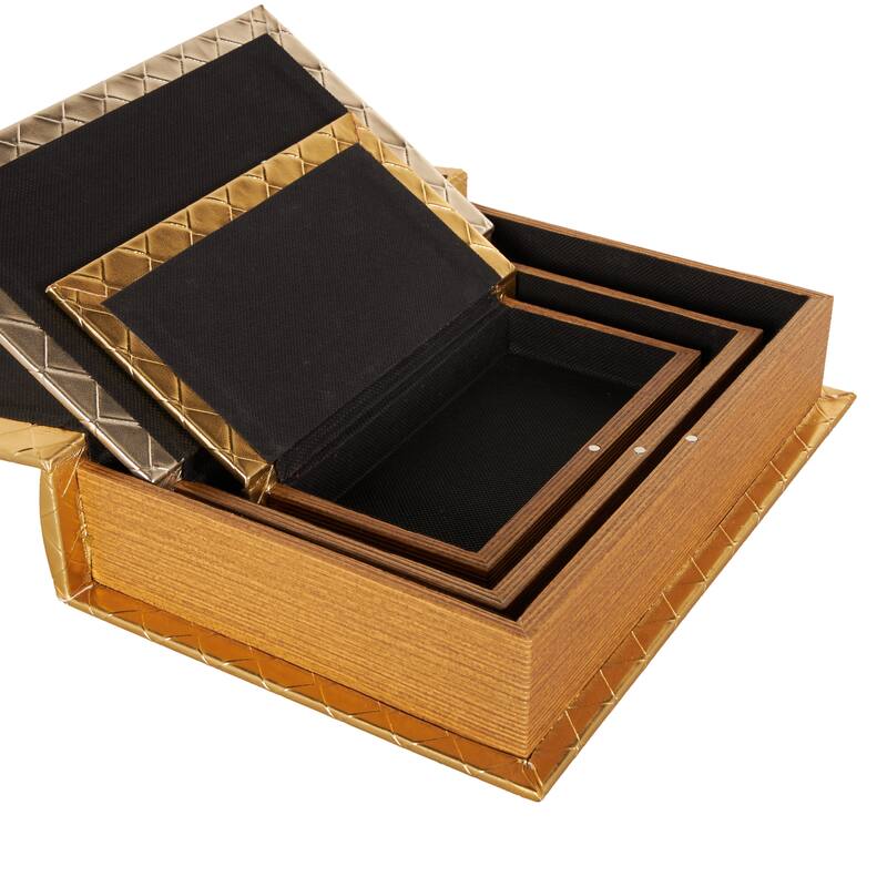 Gold Faux Leather Faux Book Storage Decorative Box with Metallic Finish (Set of 3)