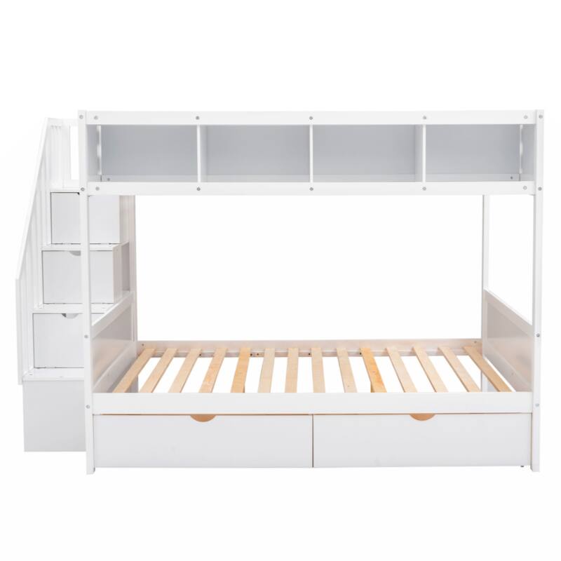 Twin over Full Bunk Bed with Shelfs, Storage Staircase and 2 Drawers
