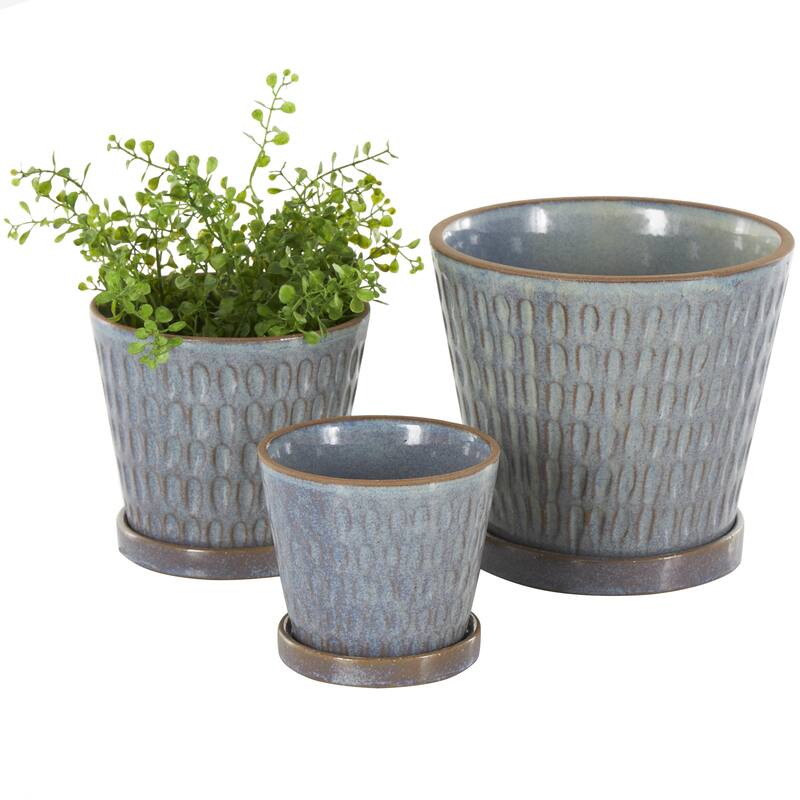 Ceramic Geometric Oval Patterned Indoor Outdoor Planter with Brown Accents and Base Tray - Set of 3 Blue - Roche River Decor - Blue