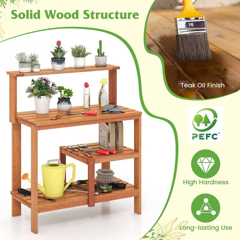 Gymax Outdoor Potting Bench Table w/Open Shelves Teak Oil Finish