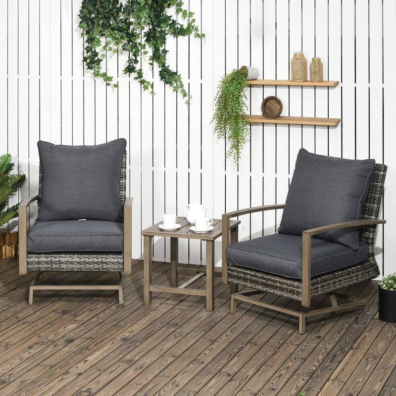Outsunny 3-Piece Patio Bistro Set, PE Rattan Wicker Outdoor Furniture with Soft Cushions, 2 Rocking Chairs - Dark Gray