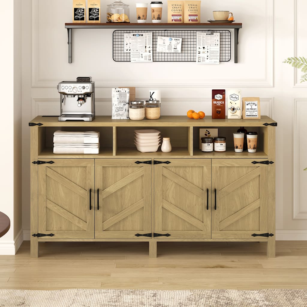 59" Modern 4-Door Sideboard Buffet with Power Outlets & USB Ports, Adjustable Shelves and Half-Open Storage Cabinet