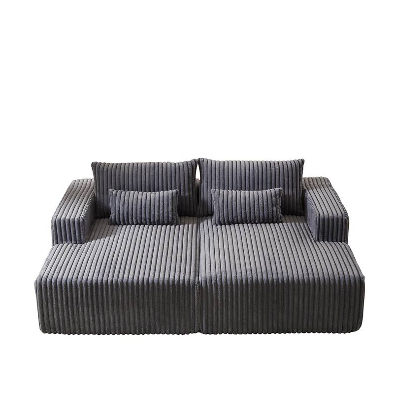 Oversized Modular Sectional Lounge Chaise, Corduroy Upholstered Boneless Sleeper Sofa, Reclining Loveseat Chair with 4 Pillows - Grey