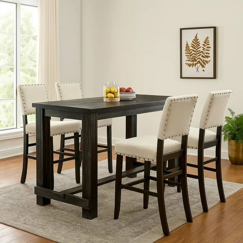 Bega 5pc Bar Height Table and Chair Set, Ivory, Black Solid Wood