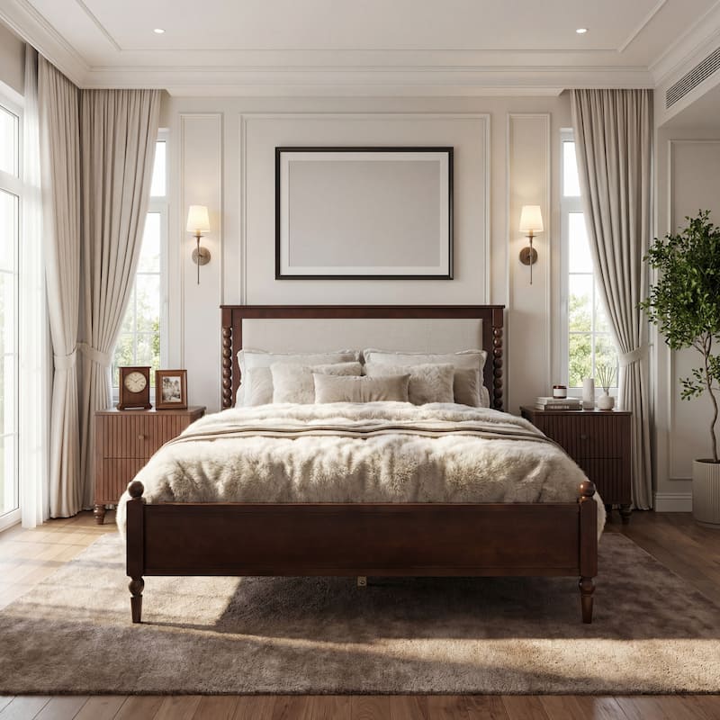 Christopher Knight Home - Traditional Wooden Platform Bed with Upholstered Headboard and Spindle Accent Design