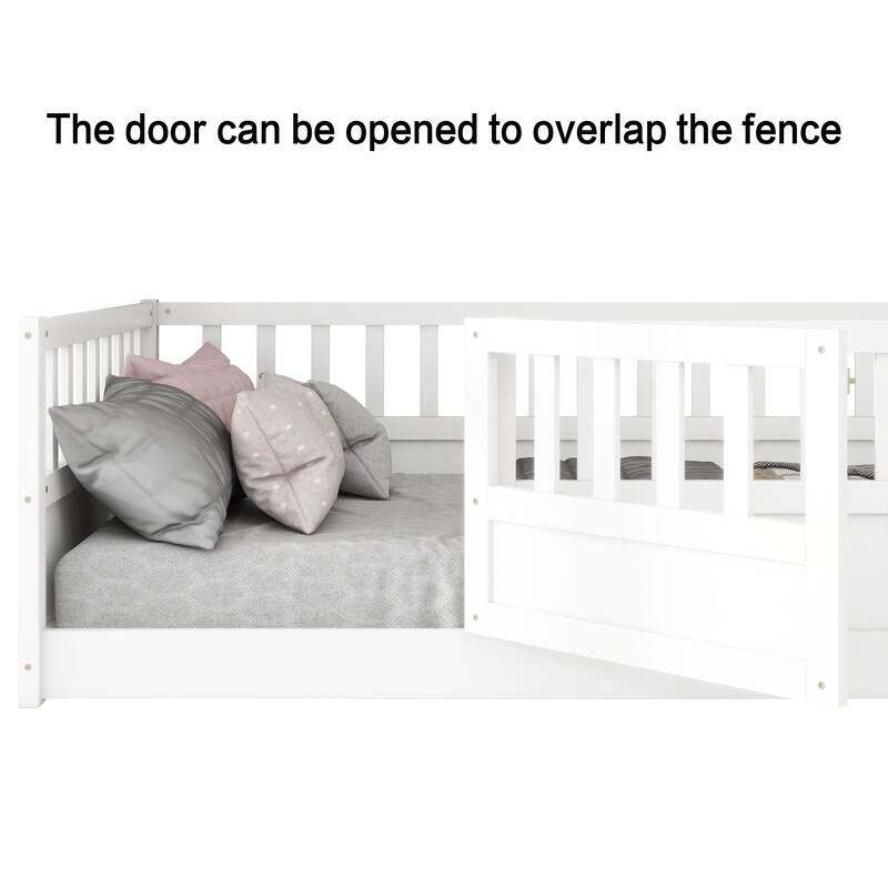 Twin/Full Size Montessori Floor Bed with High Guardrails and Door, Solid Wood Frame