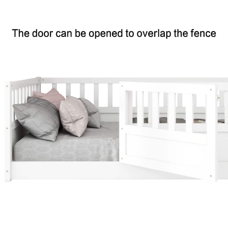 White Full Size Pine Wood Floor Bed, Integral Construction with Super High Security Barrier, Door, Children's Floor Bed Frame