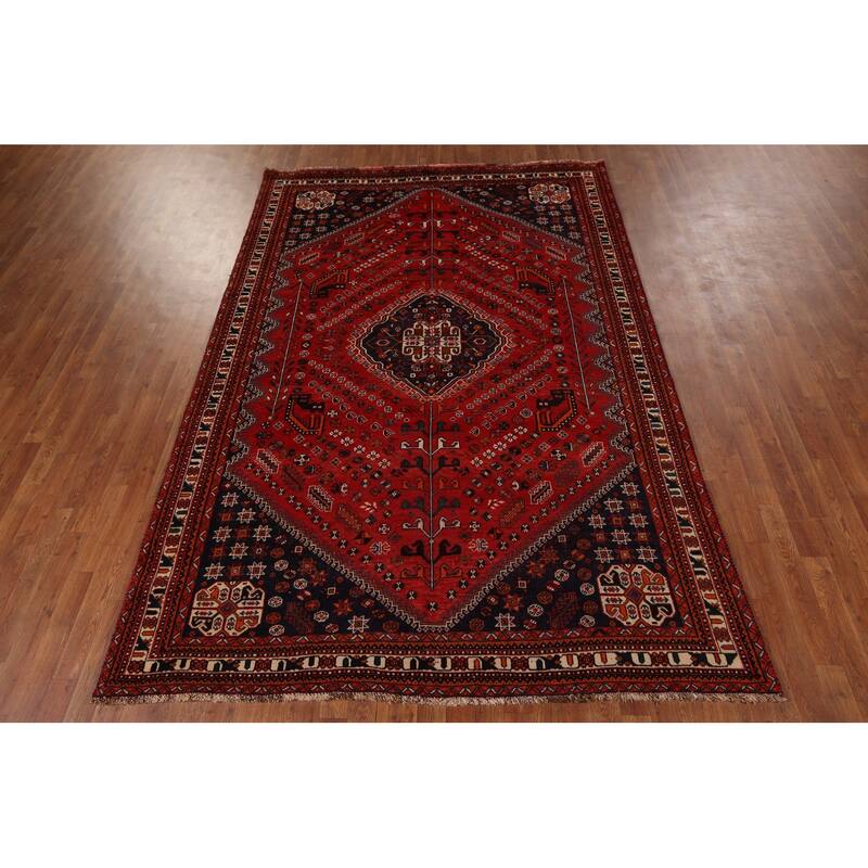 Hand Knotted Oriental 100% Wool Carpet Traditional Tribal Red Shiraz Area Rug - 9' 8'' X 6' 7''