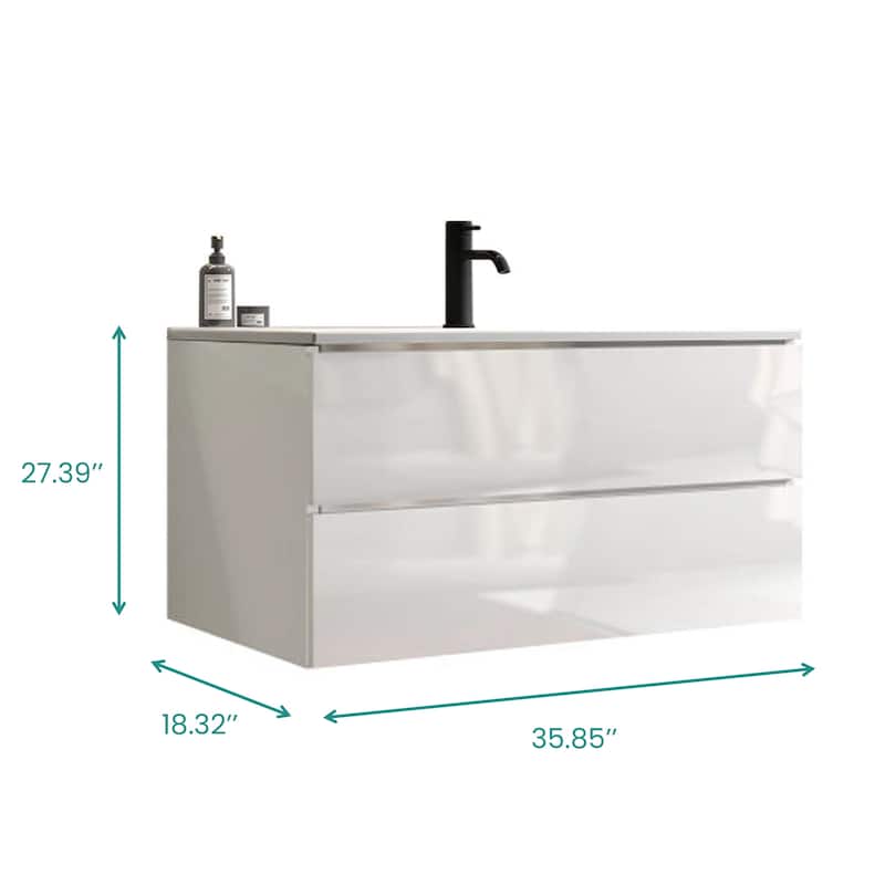 GDFStudio - Tia Wall-Mounted Bathroom Vanity with Ceramic Sink, Soft Close Drawers & U-Shaped Drainage