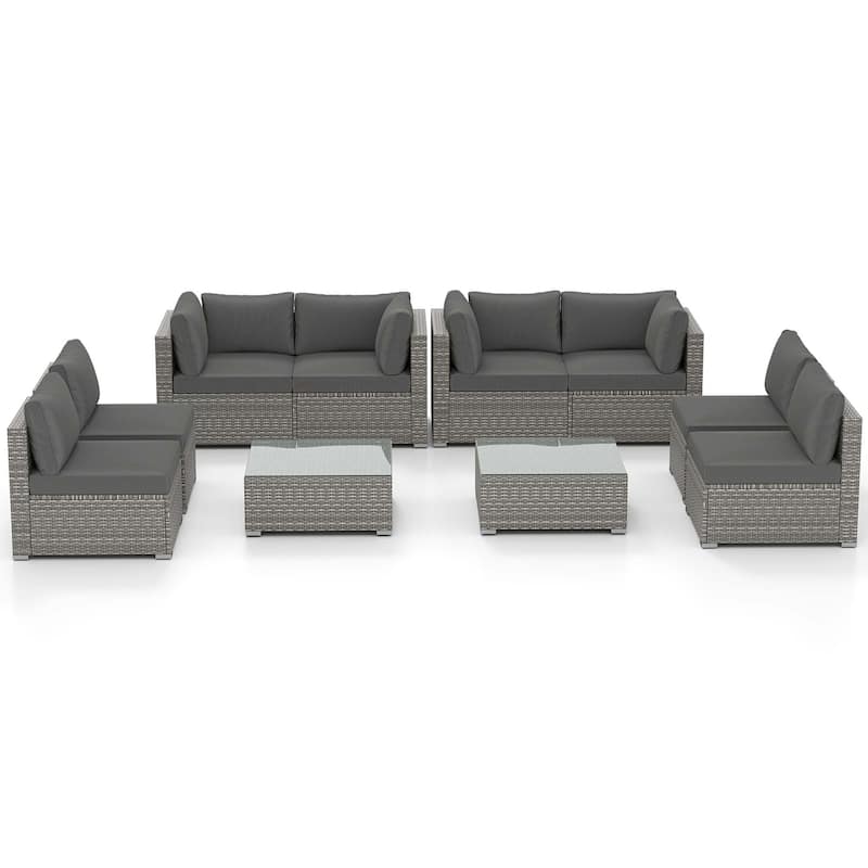 5/10 PCS Patio Furniture Set Rattan Outdoor Sofa w/ Coffee Table Set - Grey - 10 pcs