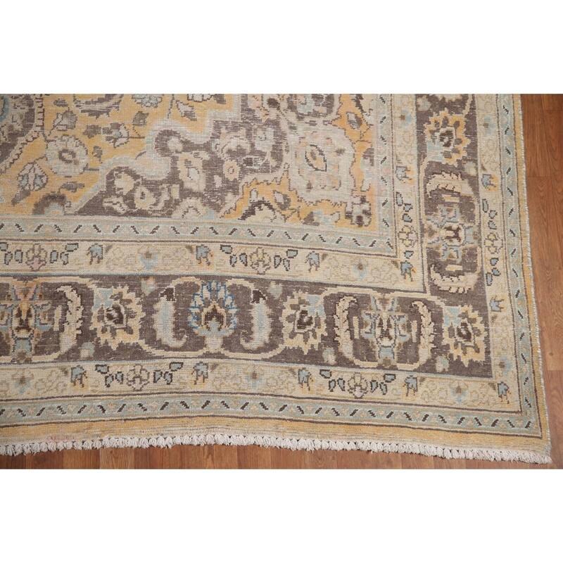 Hand Knotted Oriental 100% Wool Carpet Traditional Floral Yellow & Gold Mashad Area Rug - 12' 5'' X 9' 4''