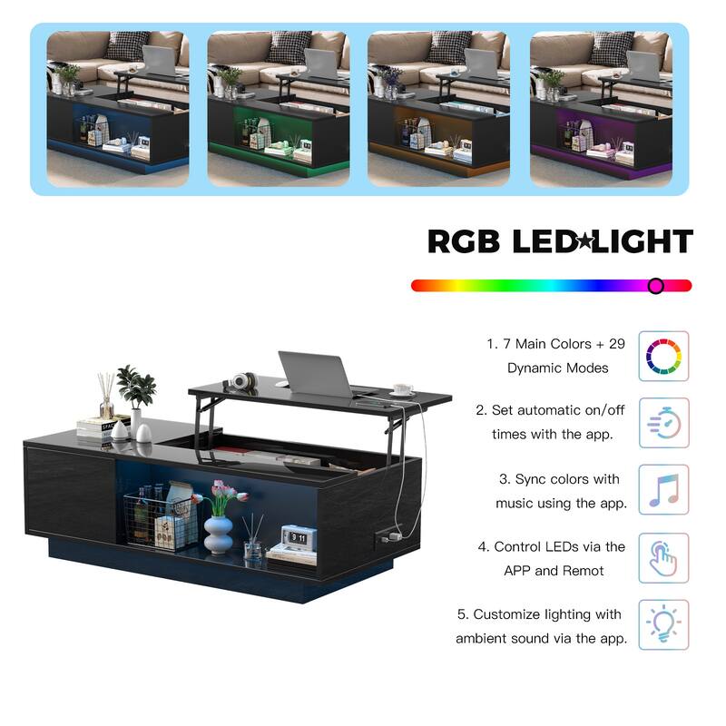 Pocassy 47" Modern LED Coffee Table with Lift Top Coffee Table