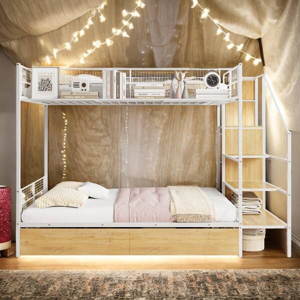 slide 2 of 14, Multiple Features and Sturdy Design Twin Over Full Metal Bunk Bed with Drawer and Lateral Storage Ladder and Wardrobe,White White