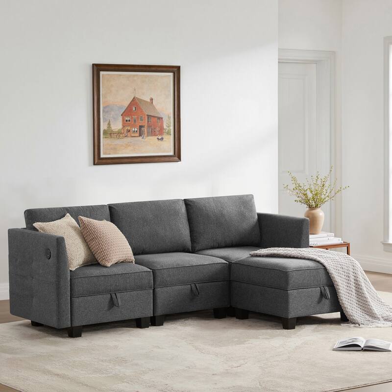 Billy 86" Modular 4-Piece Storage Sectional Sofa - Soapstone Gray