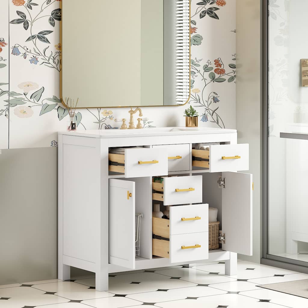 GDFStudio - Norham Modern Bathroom Vanity Set with Ceramic Sink and 4 Storage Drawers & 2 Doors - 36'W