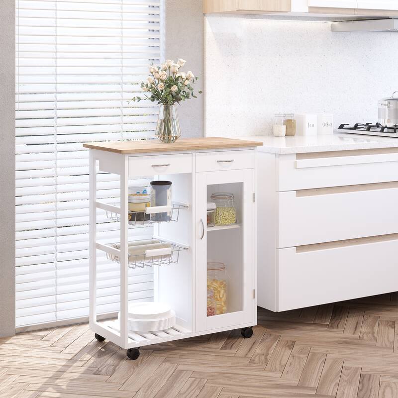 HOMCOM 28” White Rolling Kitchen Trolley Serving Cart