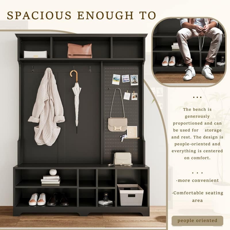 77.17"H Hall Tree with Shoe Bench,Coat Rack,Shoe Storage,Shelves and Pegboard