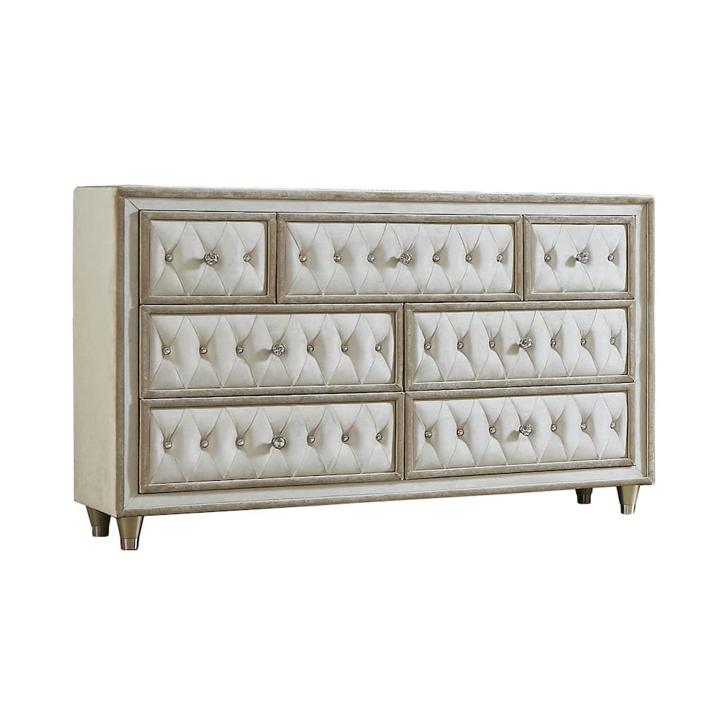 Matt 61 Inch Side Dresser, 7 Drawers, Velvet Tufted, Ivory, Light Brown