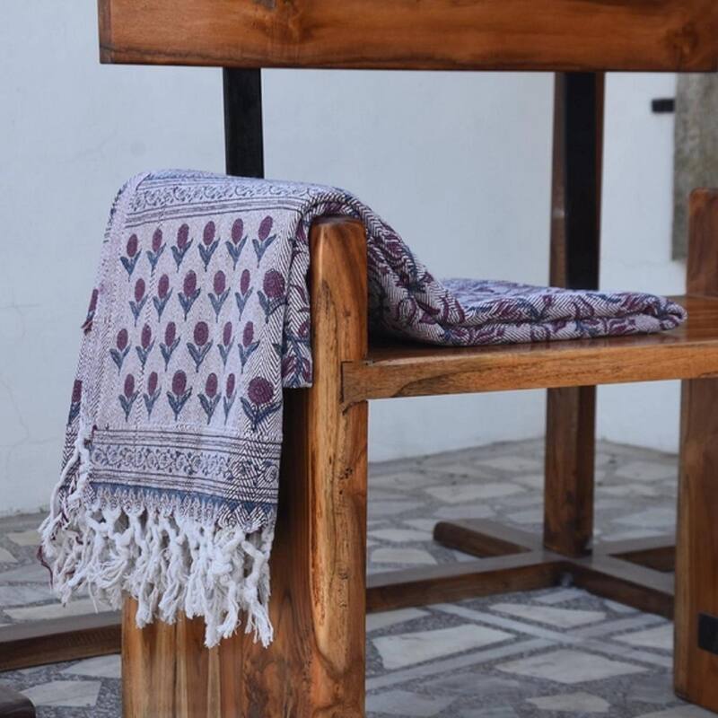 Fabdivine Kamal Dutta Handwoven Cotton Throw Blanket - Floral Block Print, Cozy Sofa & Bed Accent with Natural Fringe, 90"x54"