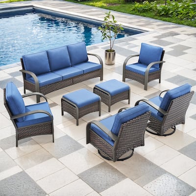 7 Pieces Outdoor Patio Furniture Set - Blue Cushion - Brown