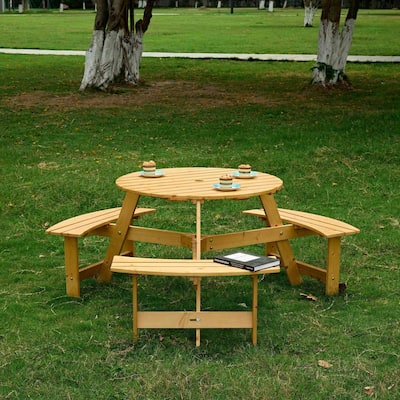6-Person Round Outdoor Picnic Table with 3 Double Benches