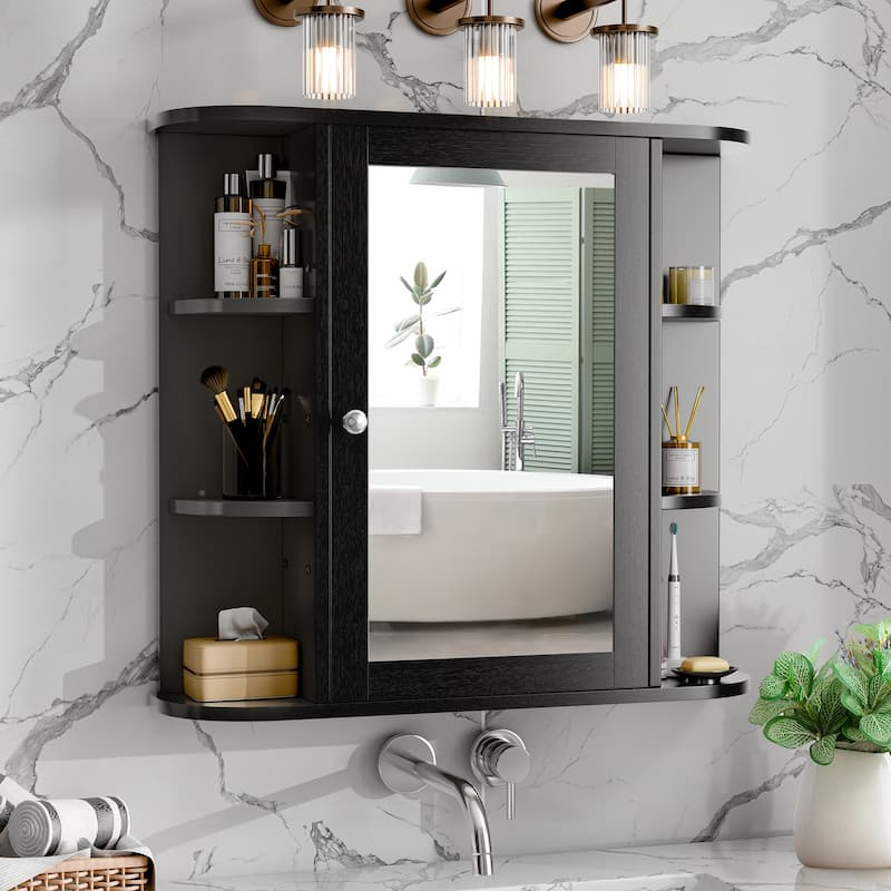 Futzca Bathroom Wall Cabinet with Mirror and Open Shelves - Black
