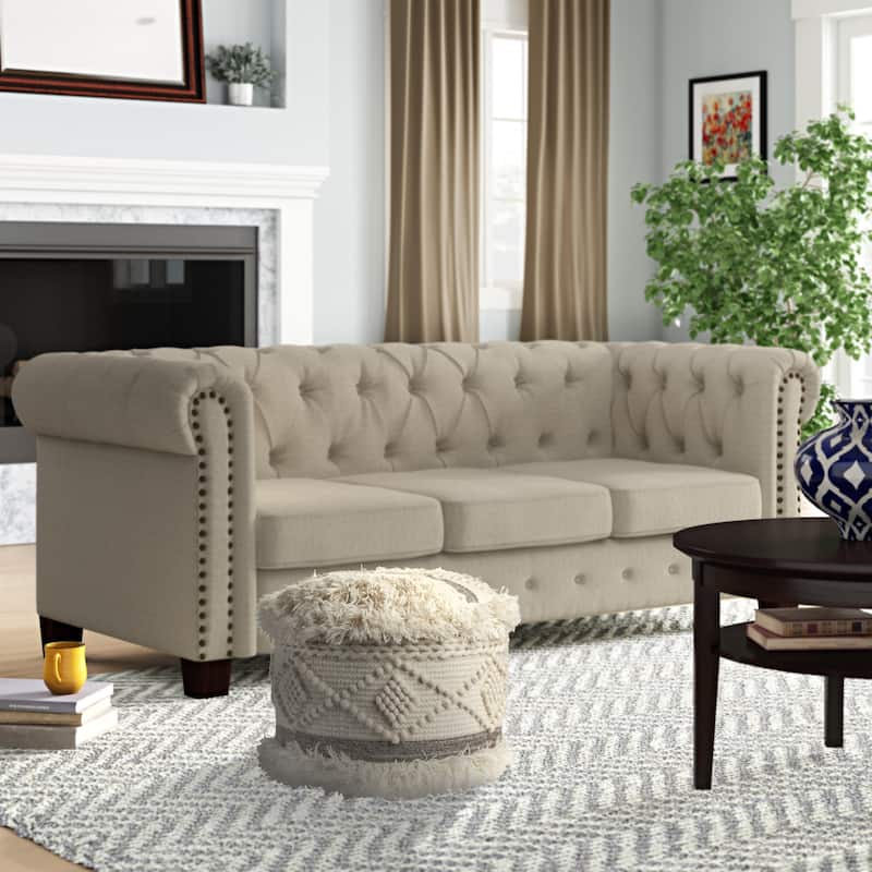 Cream Wool Cotton Blend Round Geometric Pouf Ottoman 18 Inch
