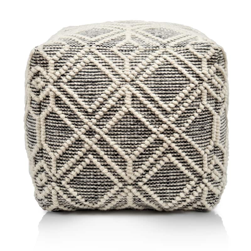 Loominaire handmade Addo wool, cotton natural fiber pouf footstool for living room bed room and family room (16"x16"x16") - Ivory-Charcoal - Medium