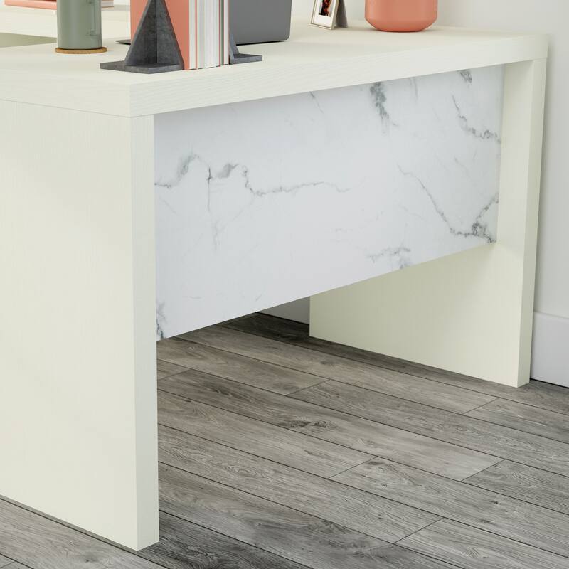 White L-Shaped Desk with File Drawer 59 Inch Marble Accent Home Office Workstation