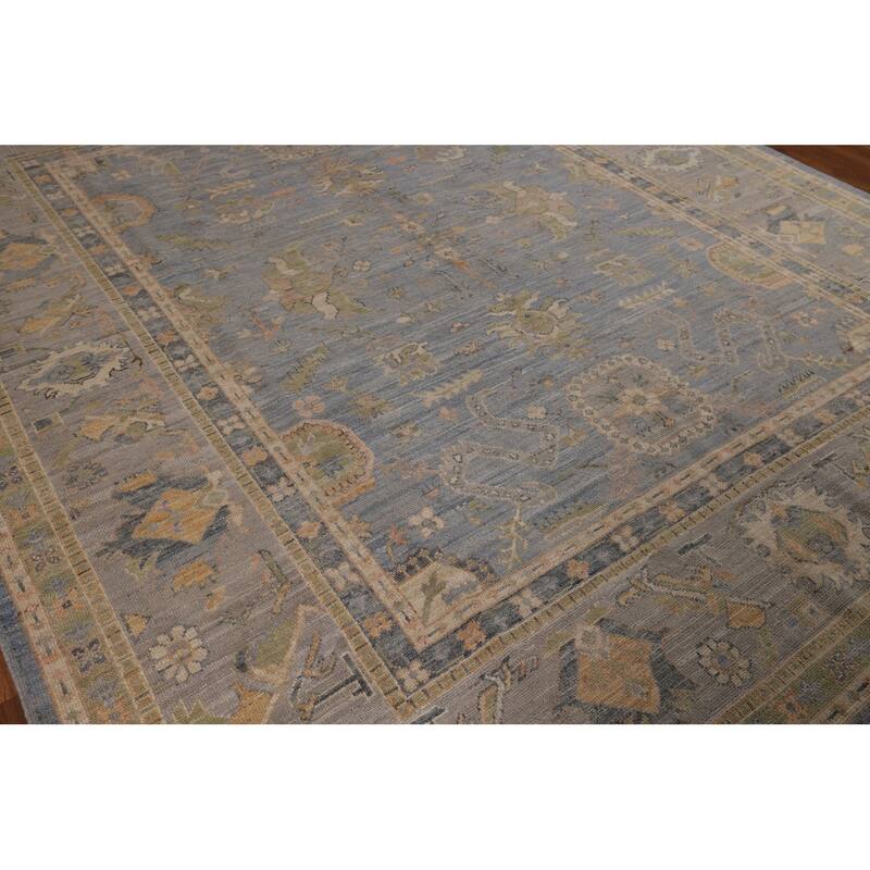 Light Blue Oushak Vegetable Dye Turkish Area Rug Handmade Wool Carpet - 8'5"x 9'11"