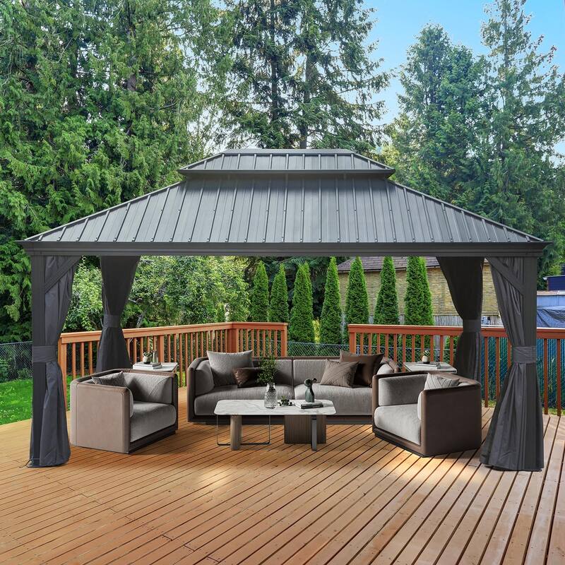 12' X 16' Outdoor Metal Hardtop Gazebo with Double Roof, Aluminum Frame, Curtains, and Netting for Patio, Deck, Garden, Grey