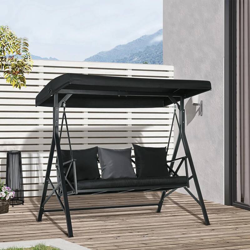 3-Seat Patio Swing, Cushion, Throw Pillows, Adjustable Canopy, Porch