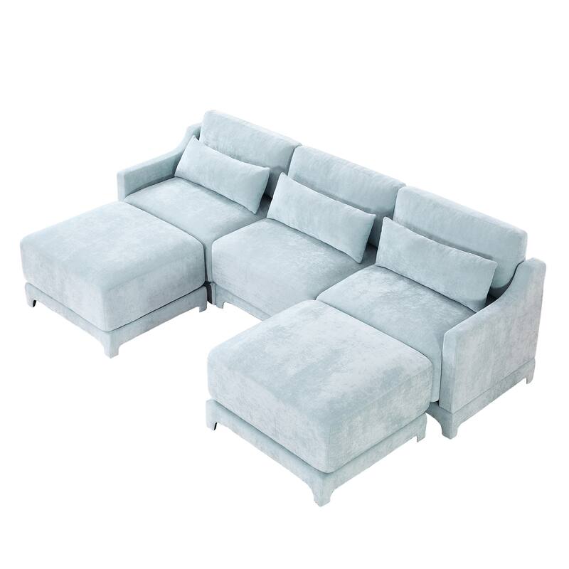 Modern Chenille 4-Seater Sofa with 2 Ottoman, Lumbar Cushions, Ergonomic Backrest, High-Resilience Spongeand Tufted Armrests