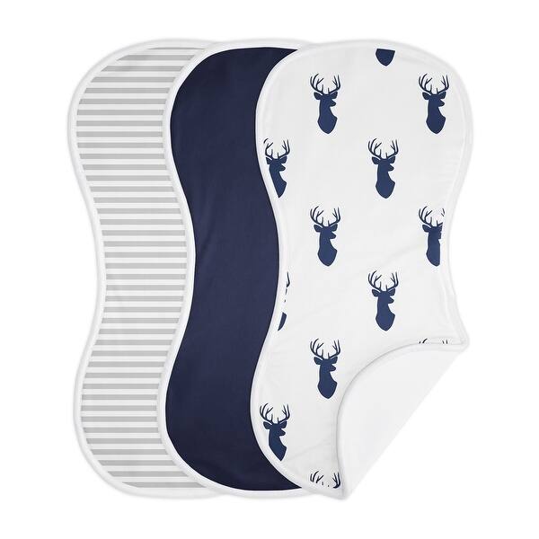 slide 2 of 6, Woodland Deer Collection Absorbent Burp Cloths (3 Pack Set) - Navy Blue and White Forest Animal Stag Antler