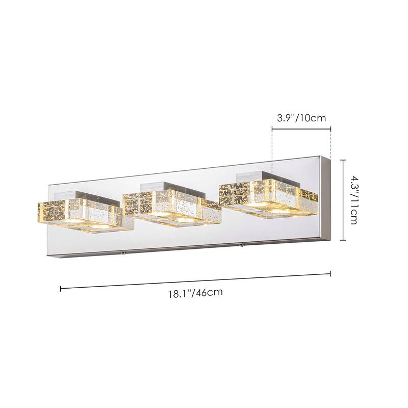3-Light Modern Chrome Crystal Wall Light Square Integrated LED 3000K Bathroom Vanity Light