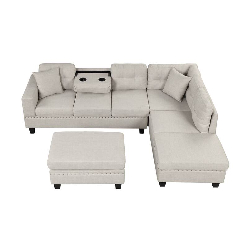105.1" Velvet L-Shaped Sectional Sofa with Ottoman & Cup Holders