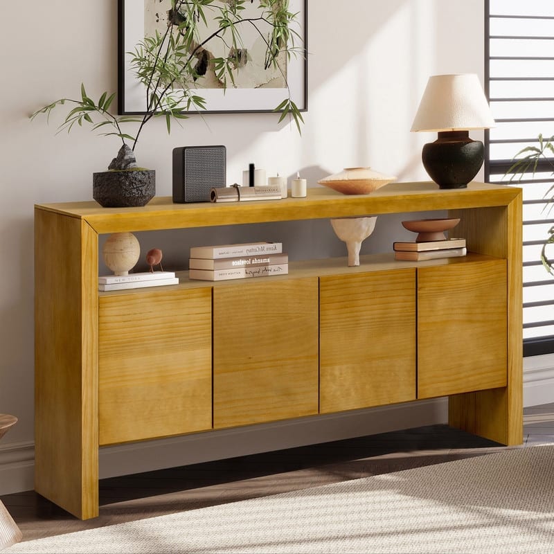Modern Solid Wood Veneer Sideboard with Open Shelf for Stylish Home Storage Solutions